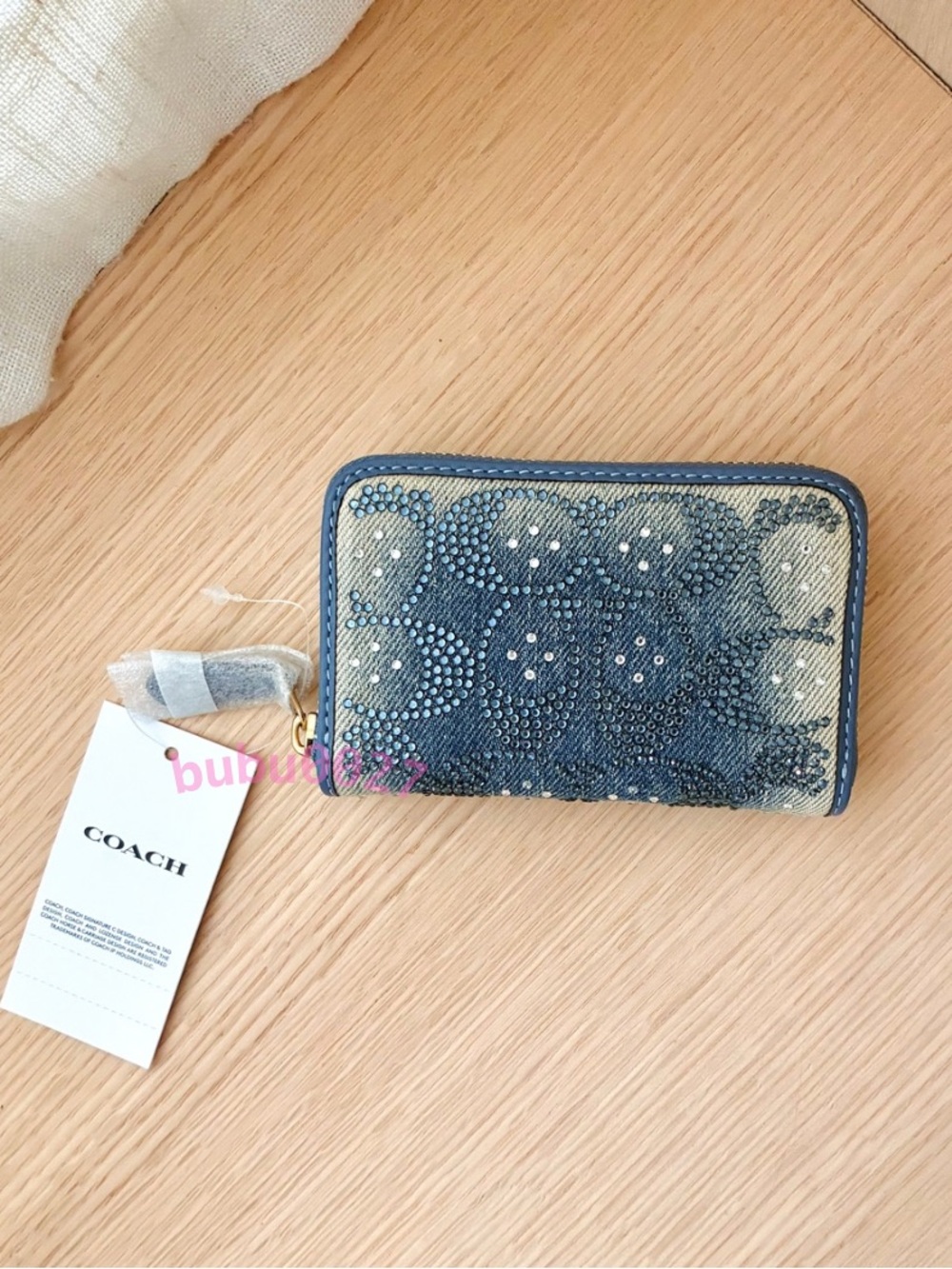 NWT💙Coach Essential Small Zip Around Card Case Denim Crystal Signature CER90